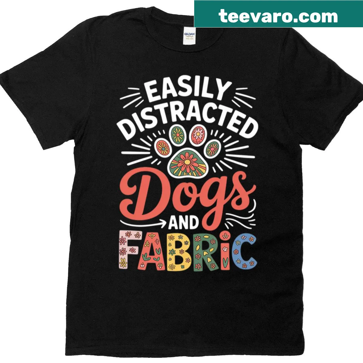 Funny quilting shirt with dog and fabric distraction text design — on a men's t-shirt