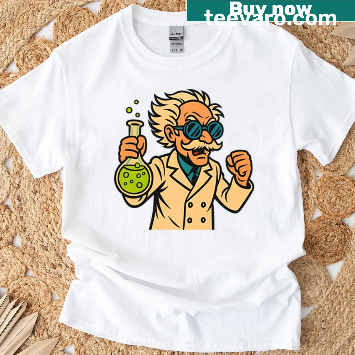 Cartoon T-shirt featuring an excited mad scientist with a potion. — on a men's t-shirt