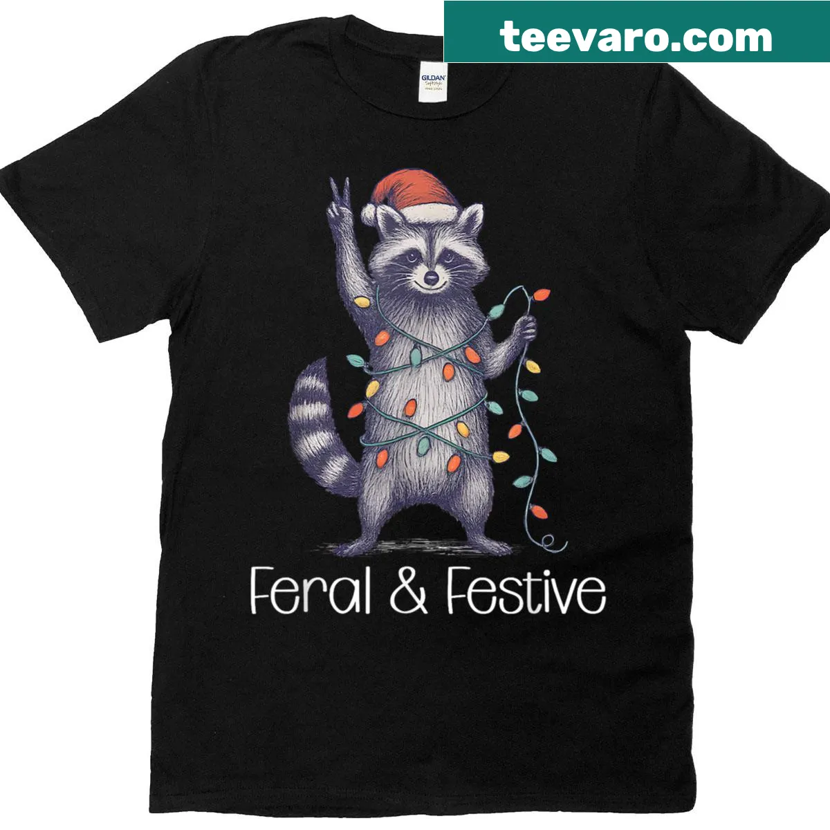 Funny Christmas t-shirt with a festive raccoon illustration. — on a men's t-shirt