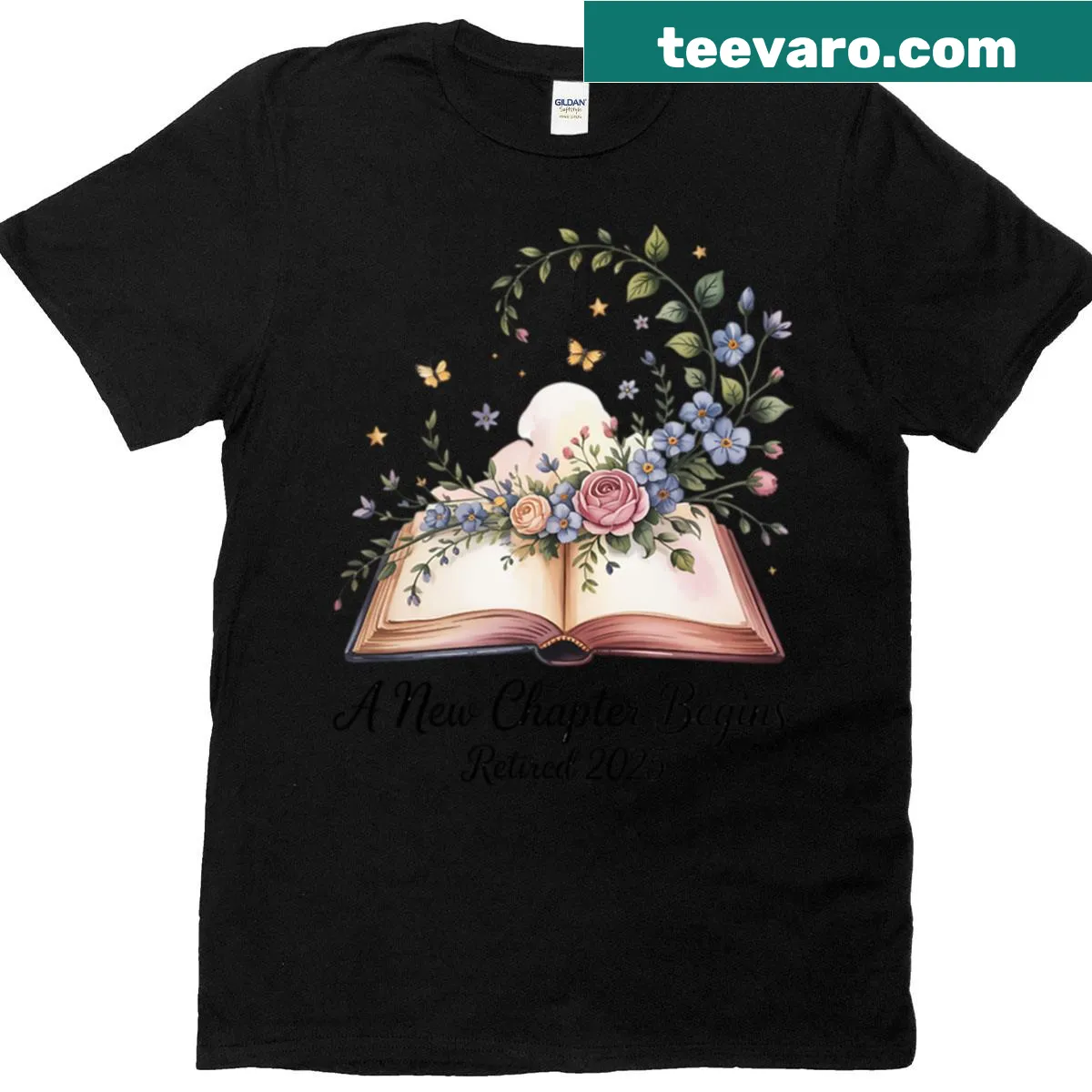 Illustrated retirement t-shirt with floral book design — on a men's t-shirt