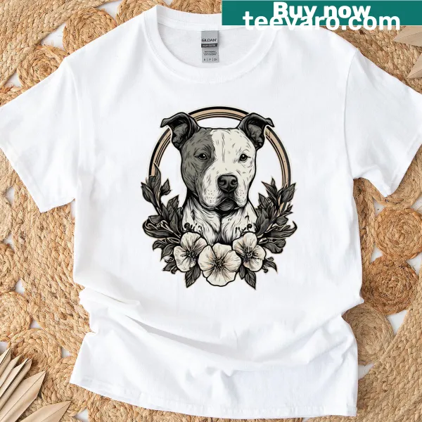Line art portrait of a Pit Bull with floral designs on a T-shirt