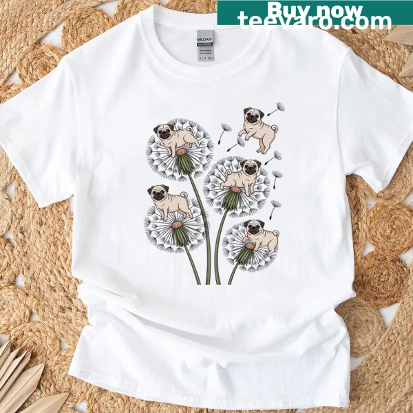 Illustration of flower pug dogs with dandelions on a t-shirt