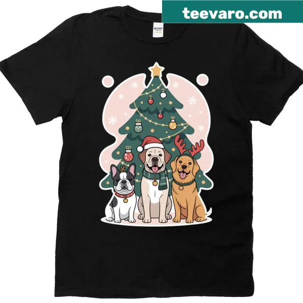 Cute Christmas T-shirt featuring French Bulldog, Labrador, and Golden Retriever