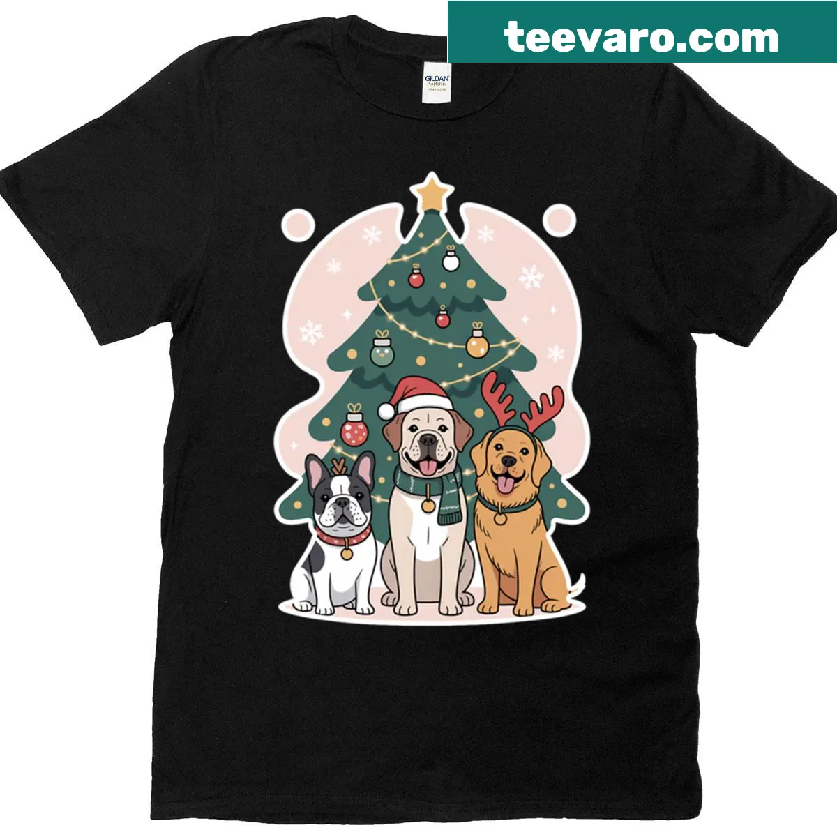 Cute Christmas T-shirt featuring French Bulldog, Labrador, and Golden Retriever — on a men's t-shirt