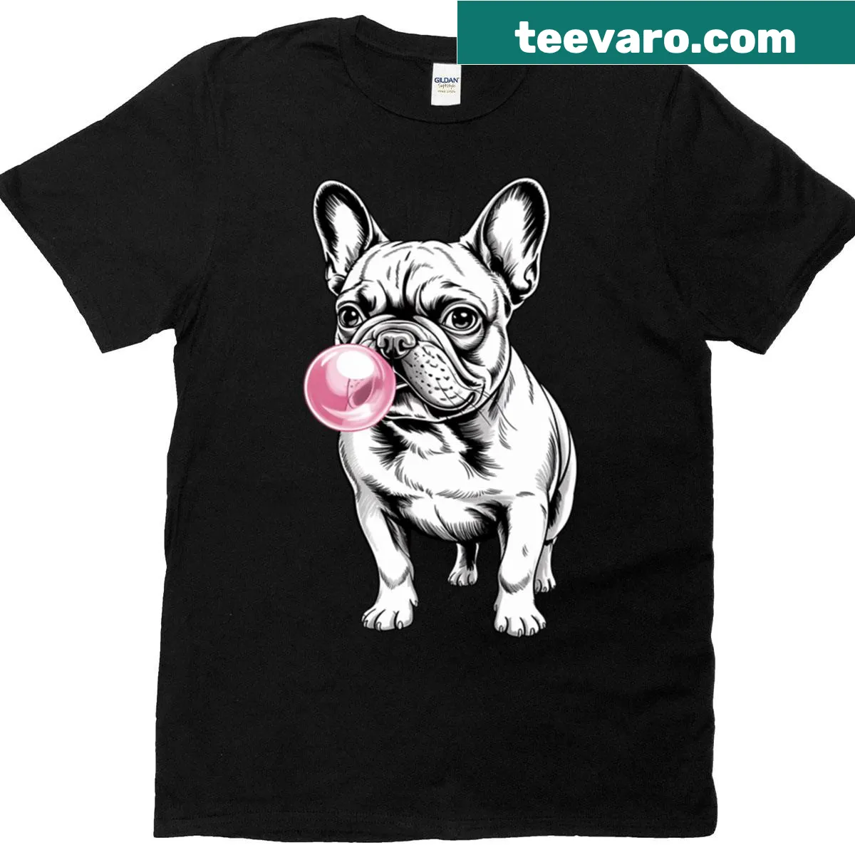 Cute T-shirt featuring a cartoon French Bulldog blowing a bubble. — on a men's t-shirt