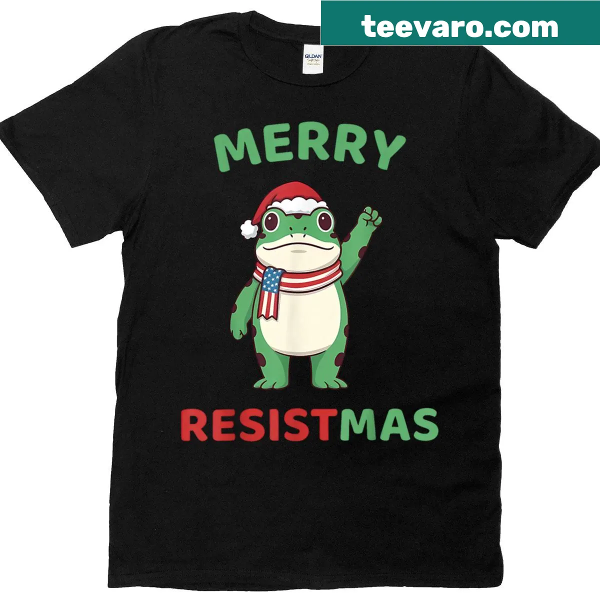 Funny Christmas T-shirt with retro frog and Resistmas design — on a men's t-shirt