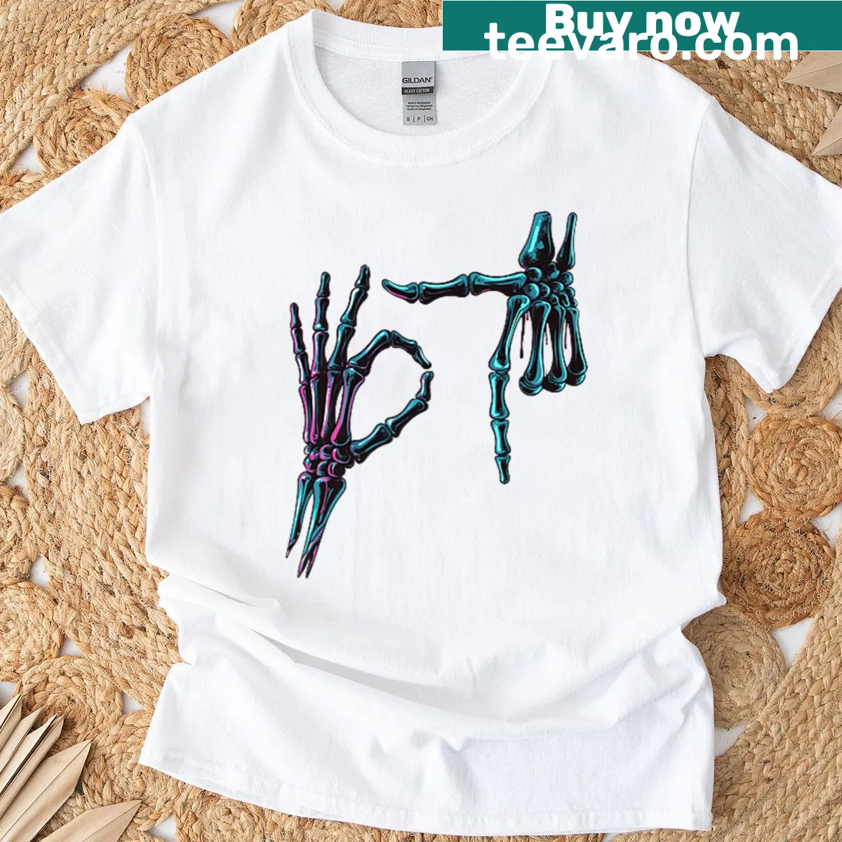 Funny t-shirt with skeleton hand and six seven meme design — on a men's t-shirt