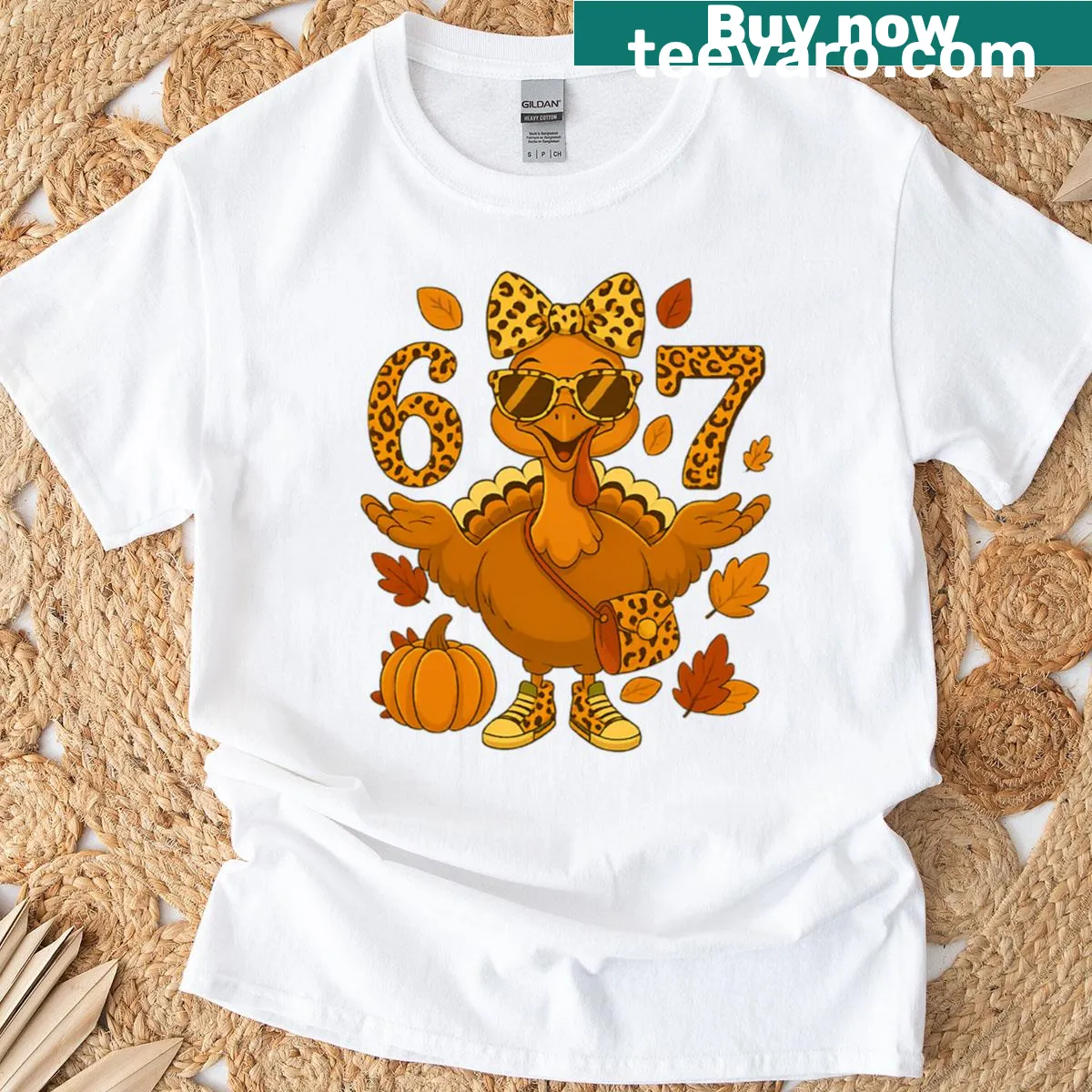 Funny Thanksgiving t-shirt with a turkey and leopard bow — on a men's t-shirt