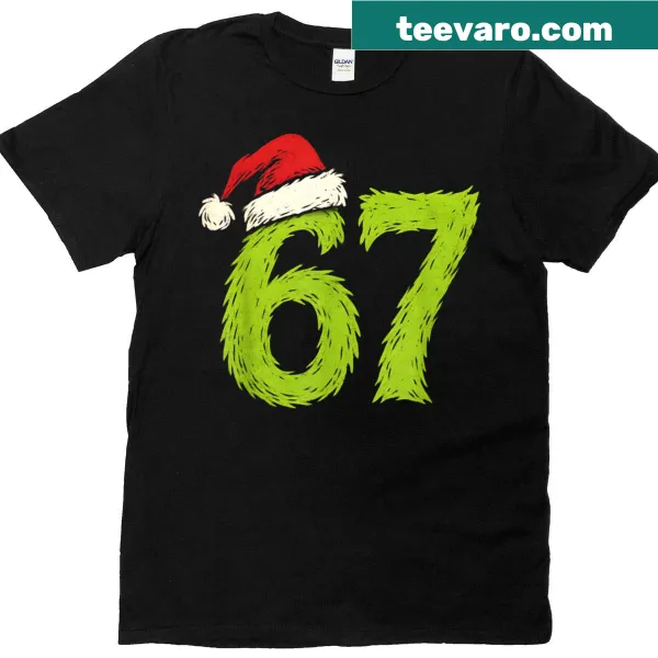 Meme-inspired graphic featuring the number 67 on a Christmas T-shirt