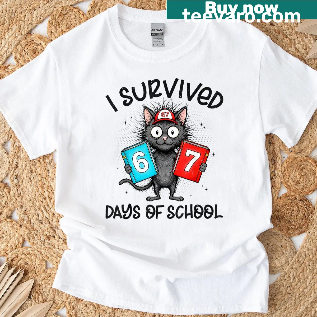 Cartoon cat meme on a T-shirt humorously celebrating school days. — on a men's t-shirt
