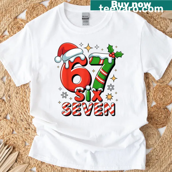 Meme-style Christmas shirt with Santa and the numbers six and seven