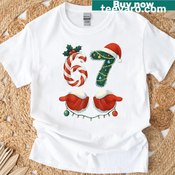 Funny 67 meme design with Santa hand for Christmas fun.