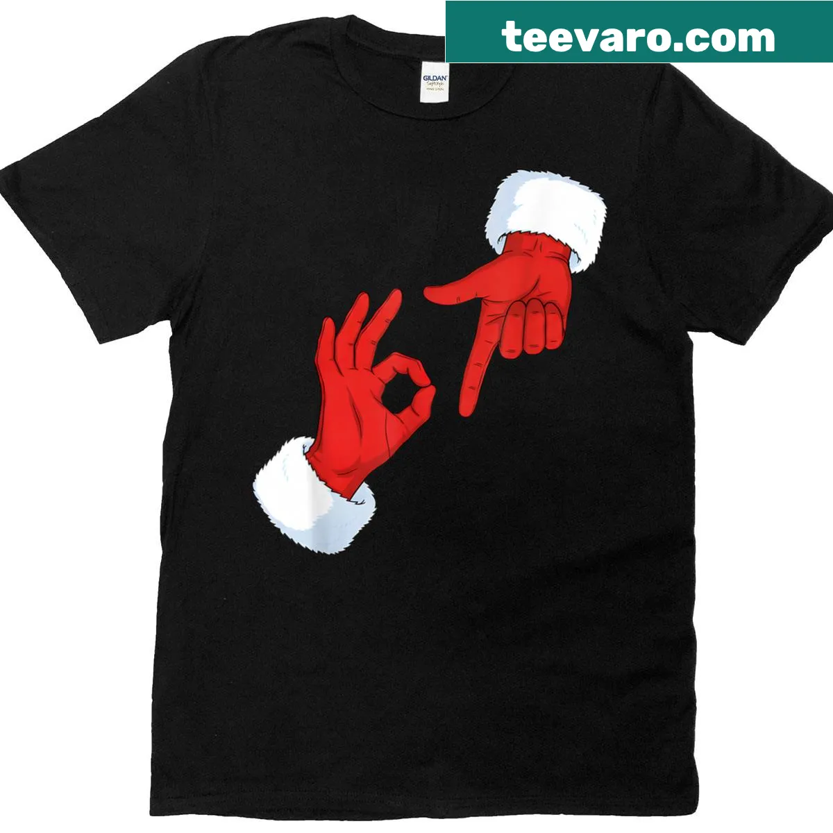 Funny Christmas T-shirt with Santa hands gesture meme design — on a men's t-shirt