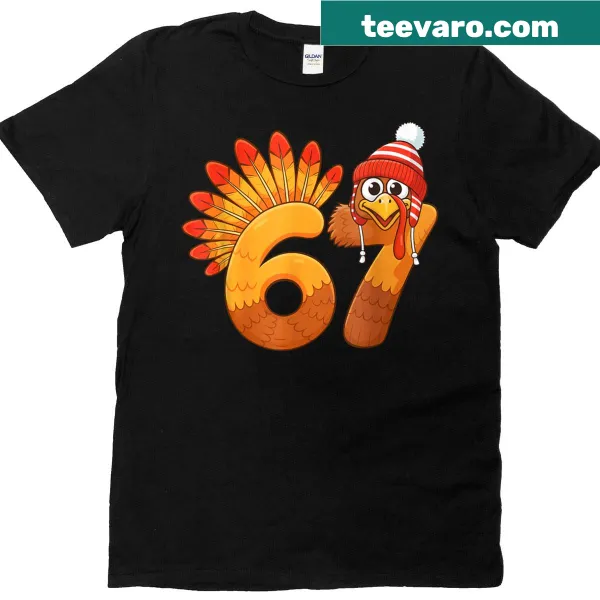 Meme-inspired graphic featuring the number 67 and a turkey on a t-shirt