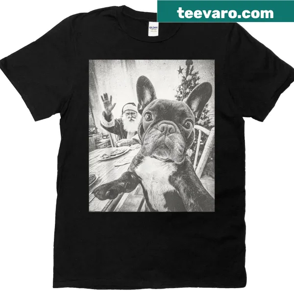 Funny Christmas T-shirt with French Bulldog selfie and Santa Claus