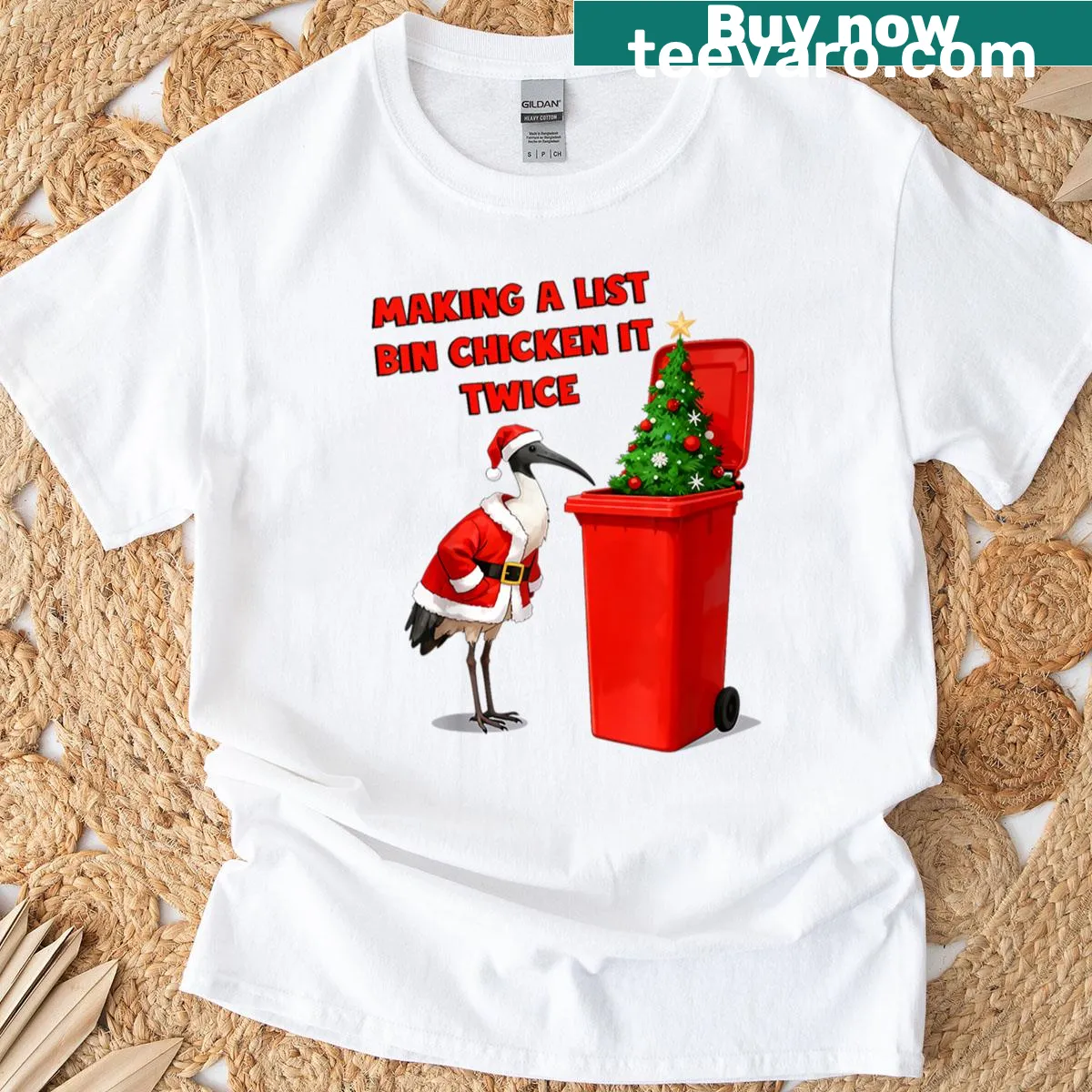 Australian Christmas shirt with Santa Ibis illustration. — on a men's t-shirt