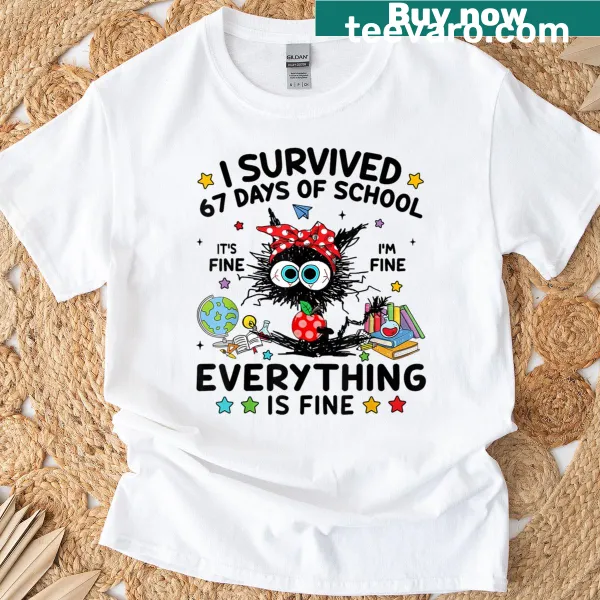 Funny black cat with text about surviving school days