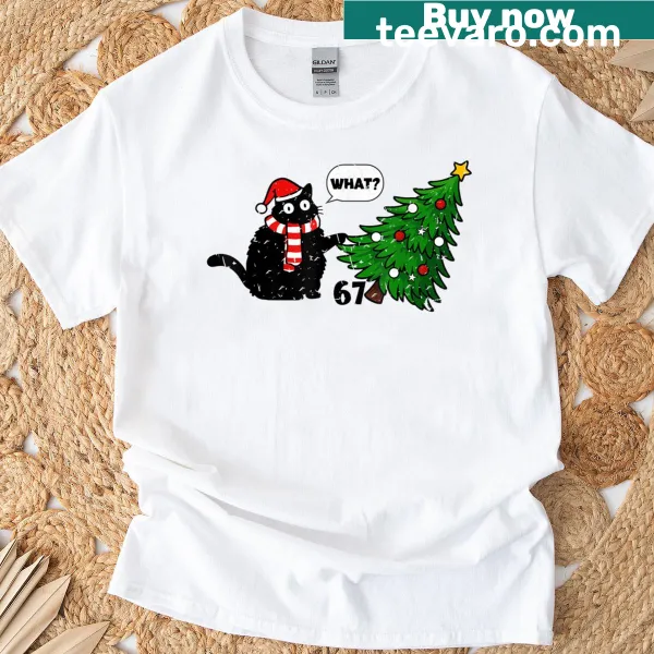 Whimsical black cat design pushing over a Christmas tree.