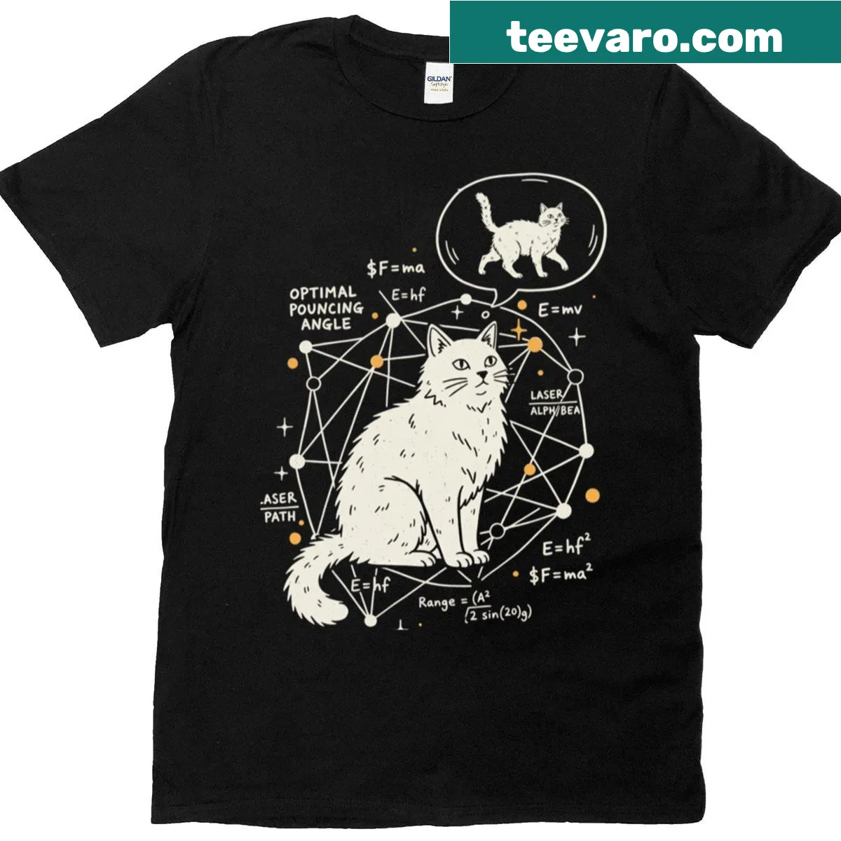 Funny science-themed T-shirt with cat math and physics equations — on a men's t-shirt