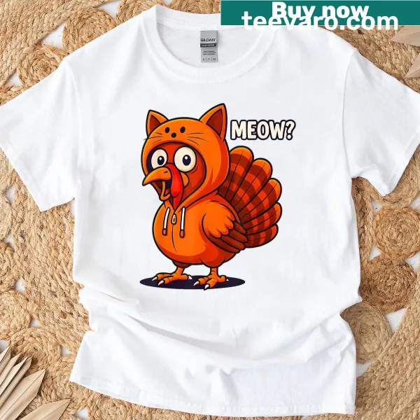 Thanksgiving t-shirt with a cat dressed as a turkey and playful text