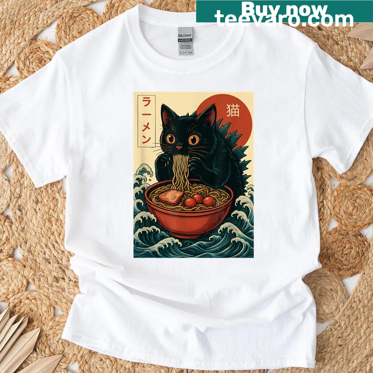 Funny t-shirt featuring Catzilla with ramen in anime style — on a men's t-shirt