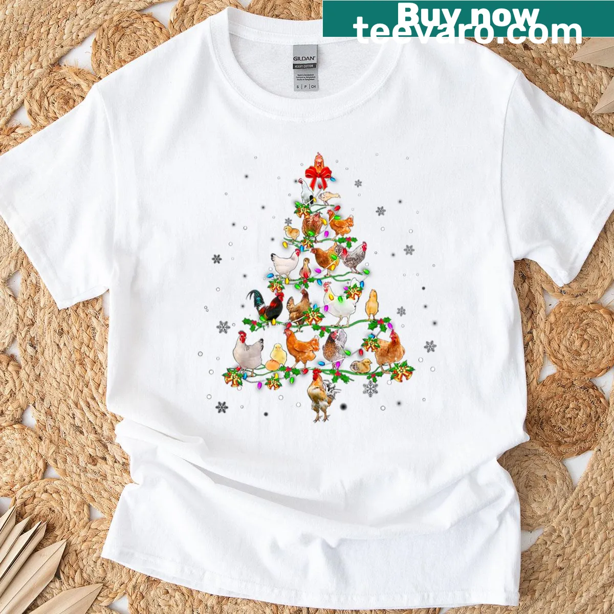 Funny Christmas t-shirt featuring a chicken with holiday lights — on a men's t-shirt