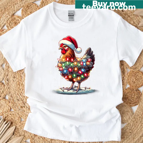 Funny chicken in Santa hat with lights for Christmas.