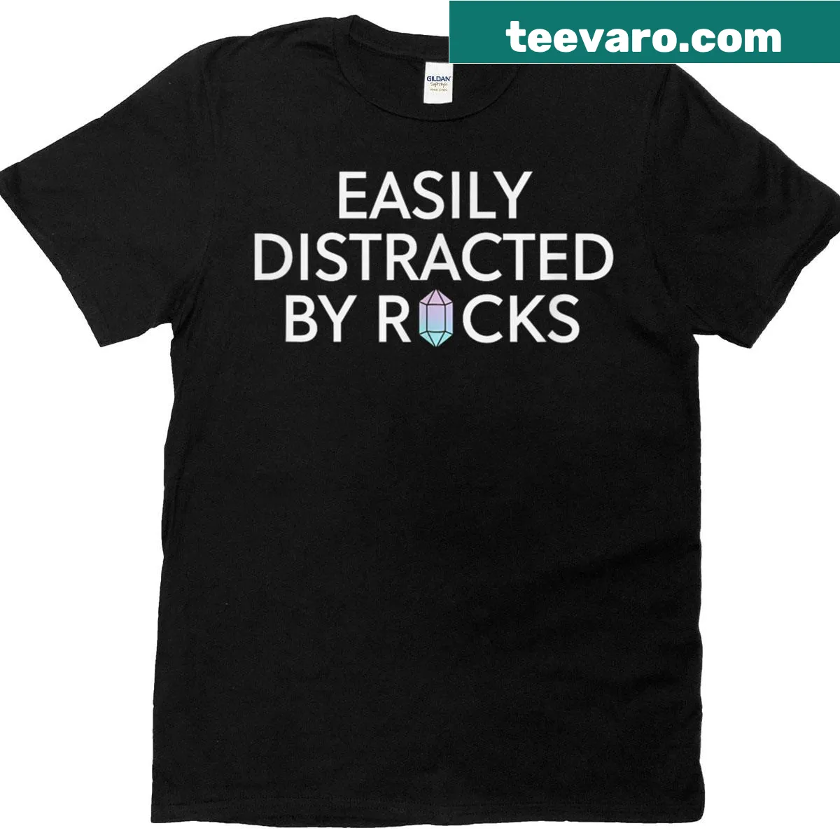T-shirt with humorous text about being distracted by rocks — on a men's t-shirt
