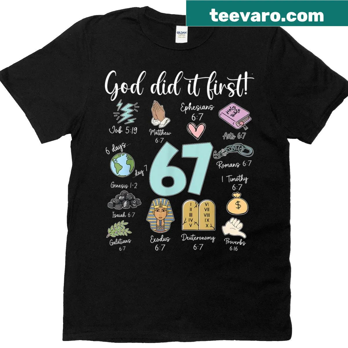 Meme-style t-shirt with 'God Did It First' phrase — on a men's t-shirt