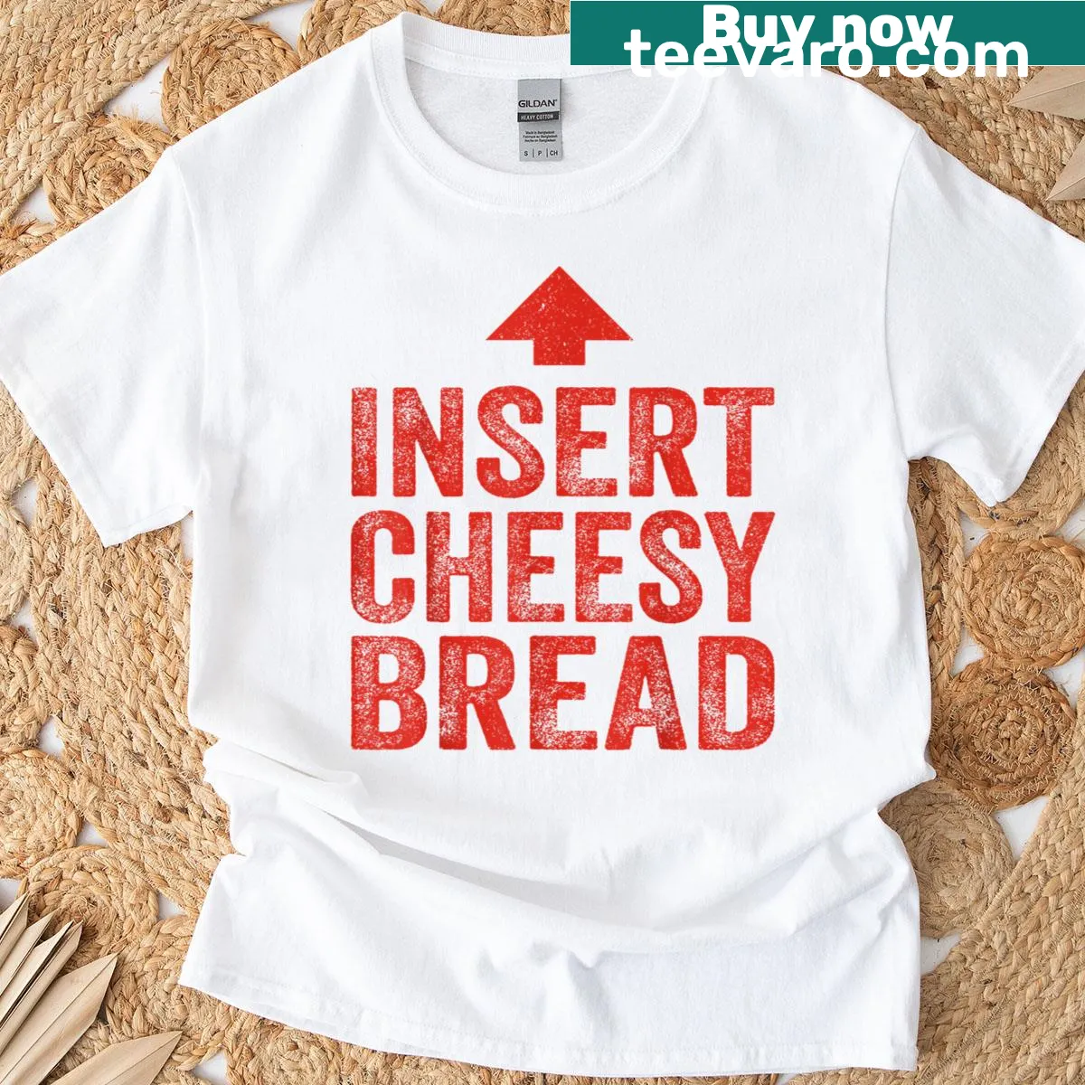Cheesy bread meme text shirt for food lovers. — on a men's t-shirt