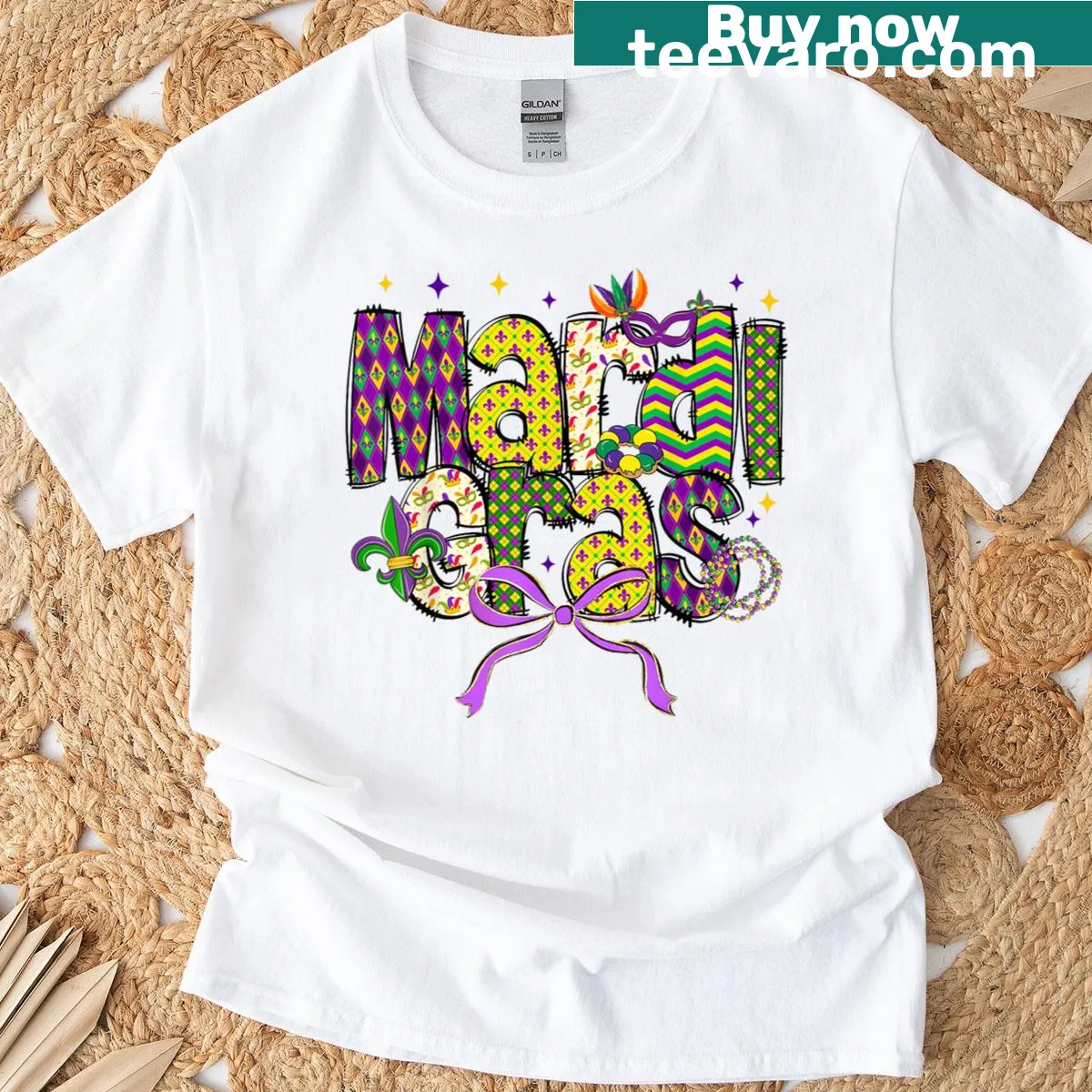 Mardi Gras themed T-shirt with jester hat illustration — on a men's t-shirt