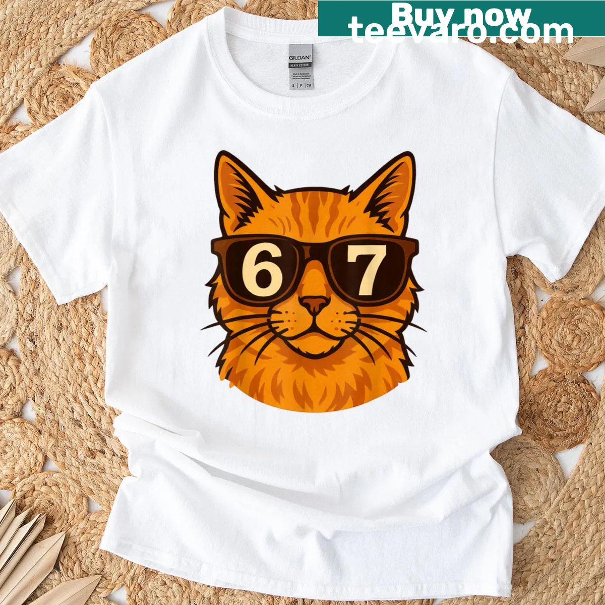 Funny t-shirt featuring an orange cat with sunglasses and meme text — on a men's t-shirt