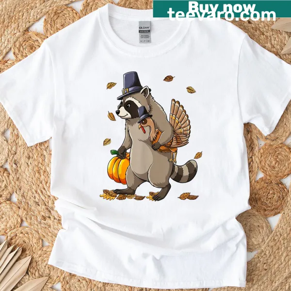 Funny raccoon with turkey and pumpkin design for Thanksgiving