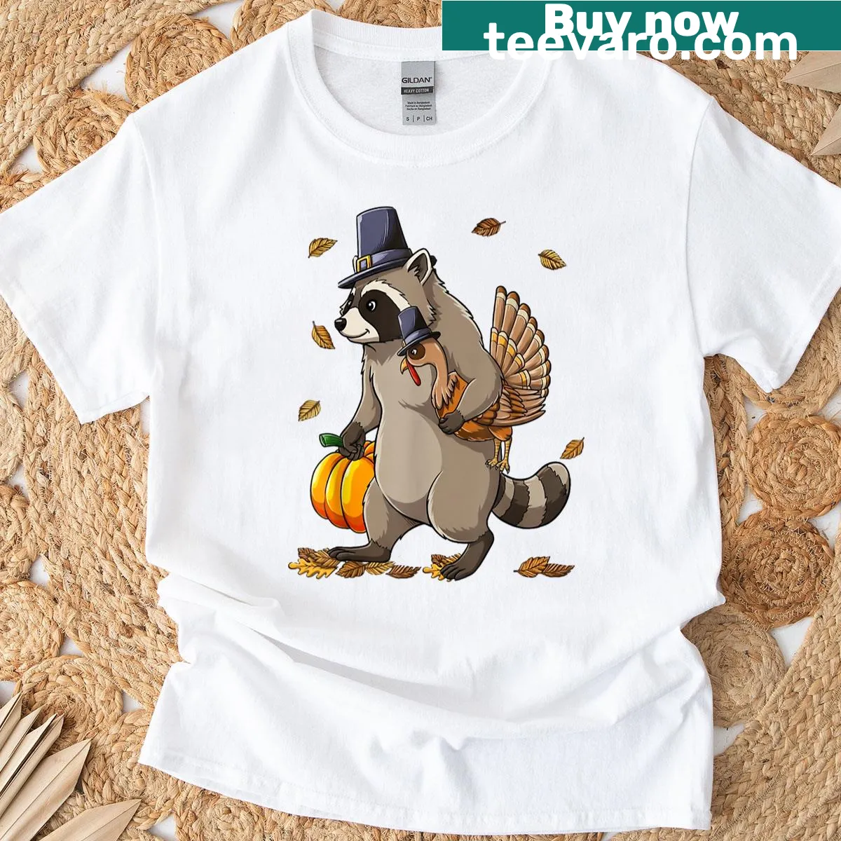Funny raccoon with turkey and pumpkin design for Thanksgiving — on a men's t-shirt