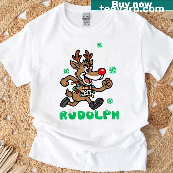 Funny Christmas t-shirt featuring a running reindeer