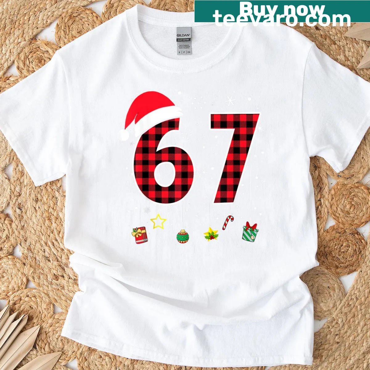 Funny Christmas plaid t-shirt with Six Seven meme design — on a men's t-shirt