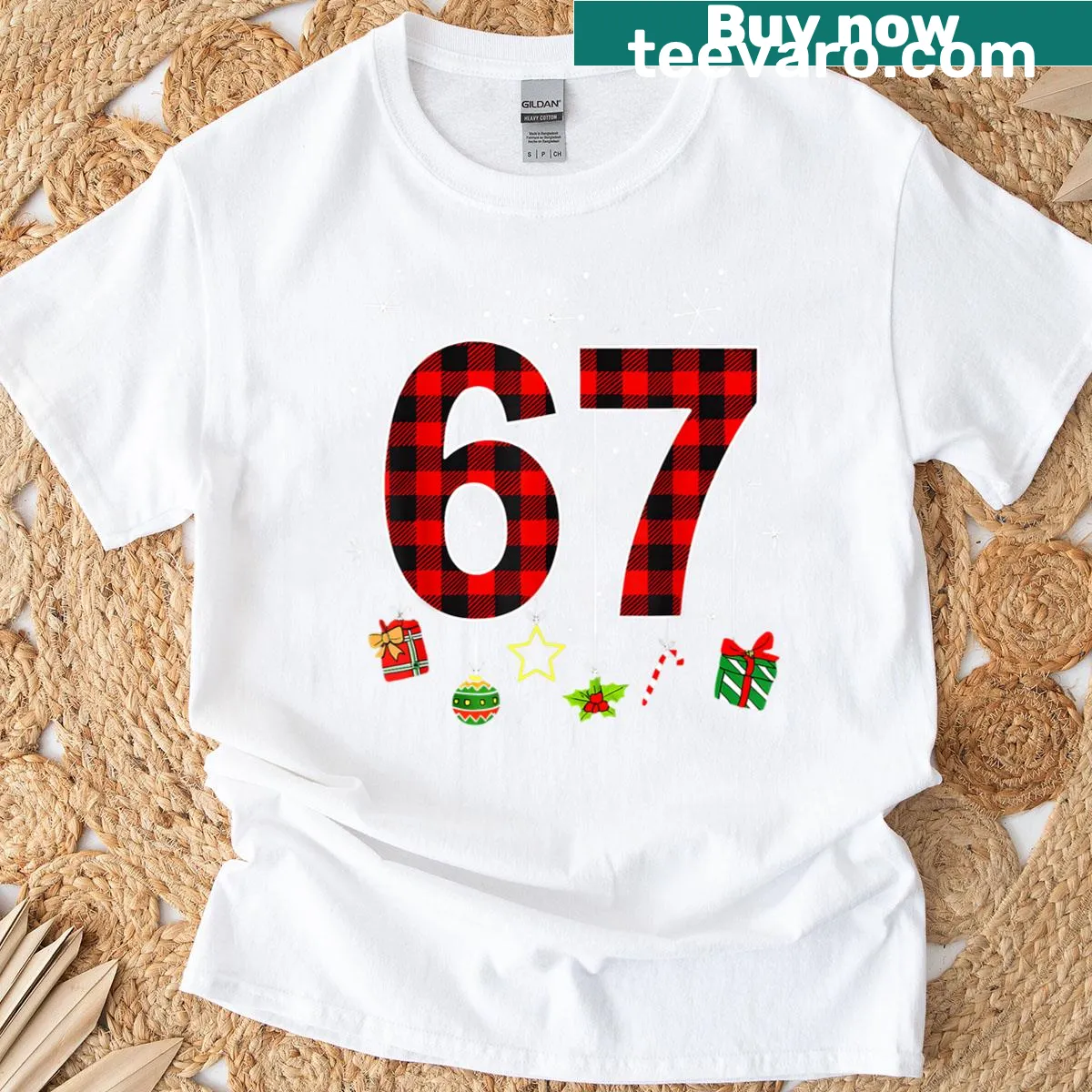 Humorous Christmas meme typography T-shirt with plaid accents — on a men's t-shirt