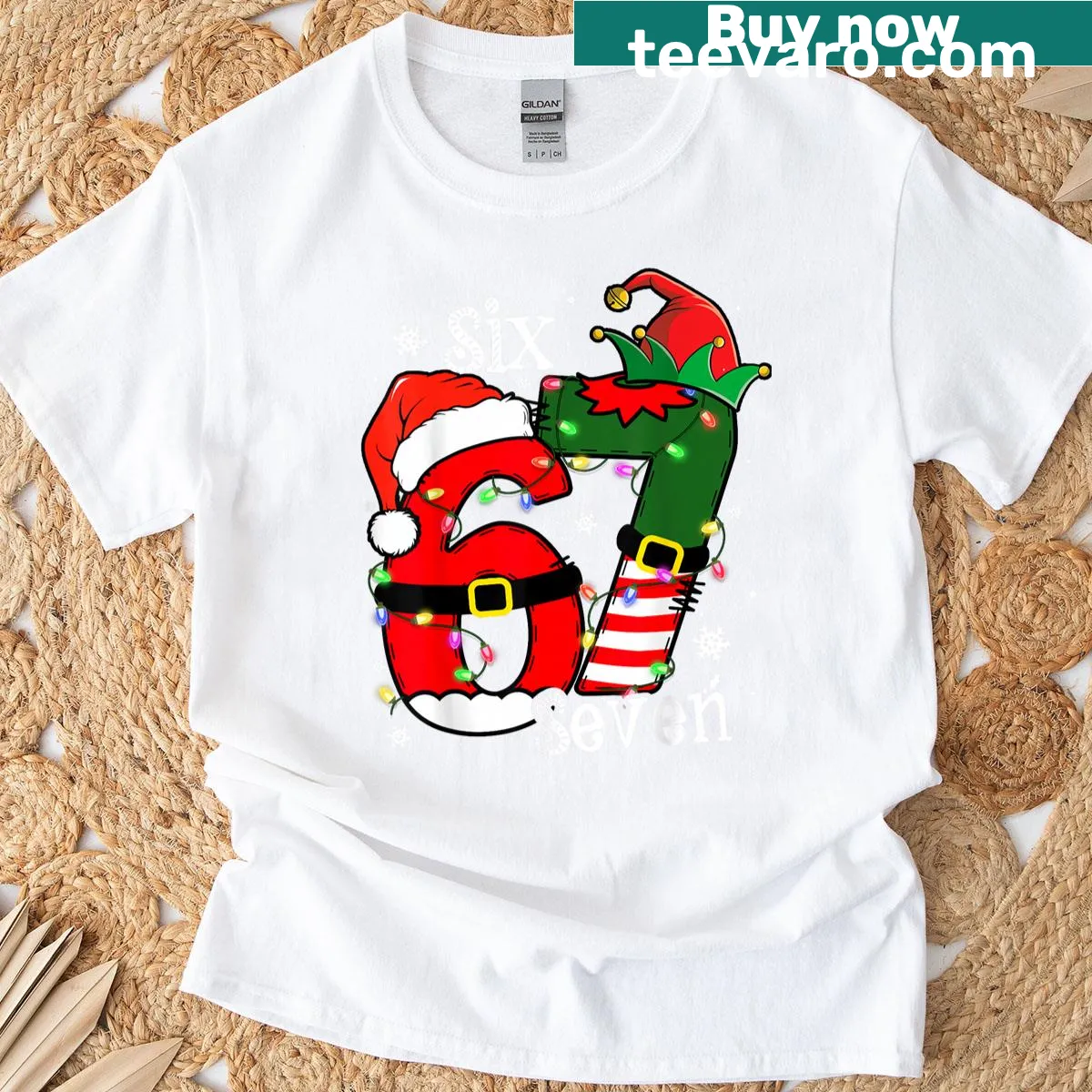 Funny kids Christmas t-shirt with Elf Santa and Six Seven meme design — on a men's t-shirt