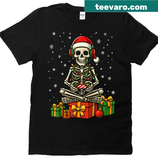 Fun Christmas t-shirt with a skeleton and game controller design.