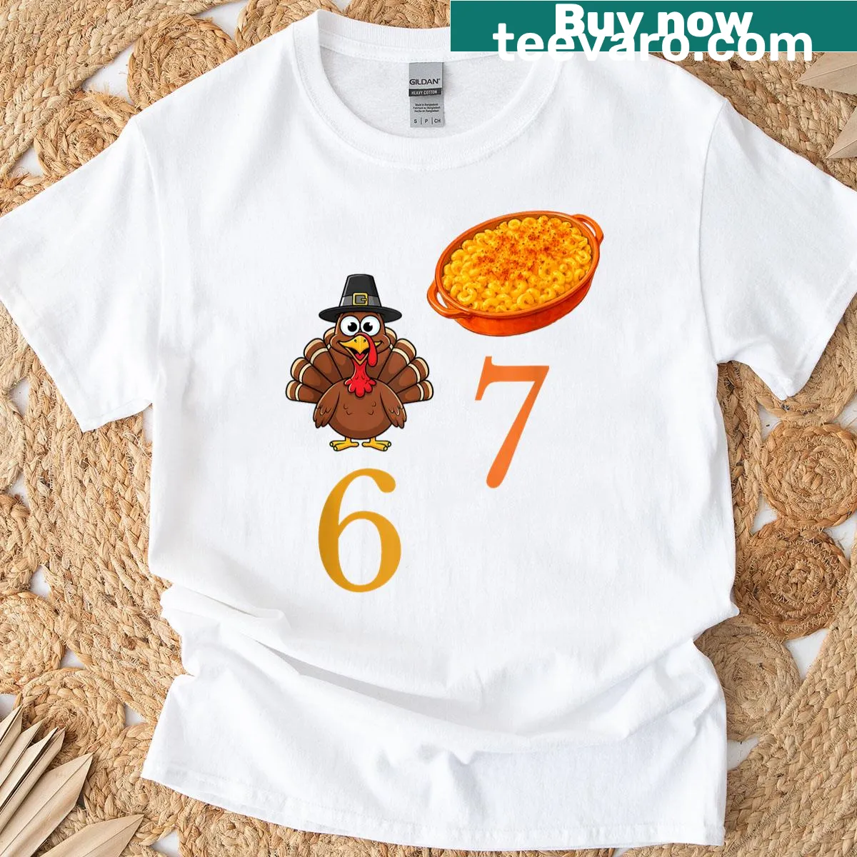 Humorous turkey and macaroni graphic t-shirt for Thanksgiving — on a men's t-shirt