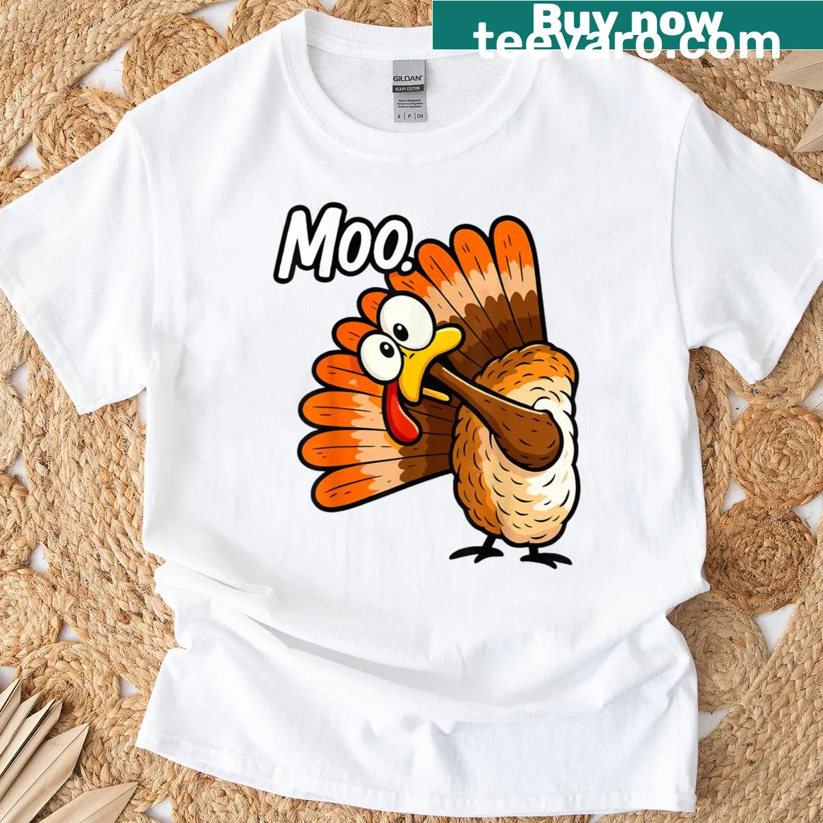 Cartoon turkey with humorous text on a Thanksgiving t-shirt — on a men's t-shirt