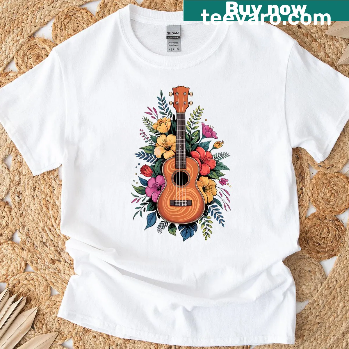 Whimsical ukulele art t-shirt designed for women and girls who love music — on a men's t-shirt