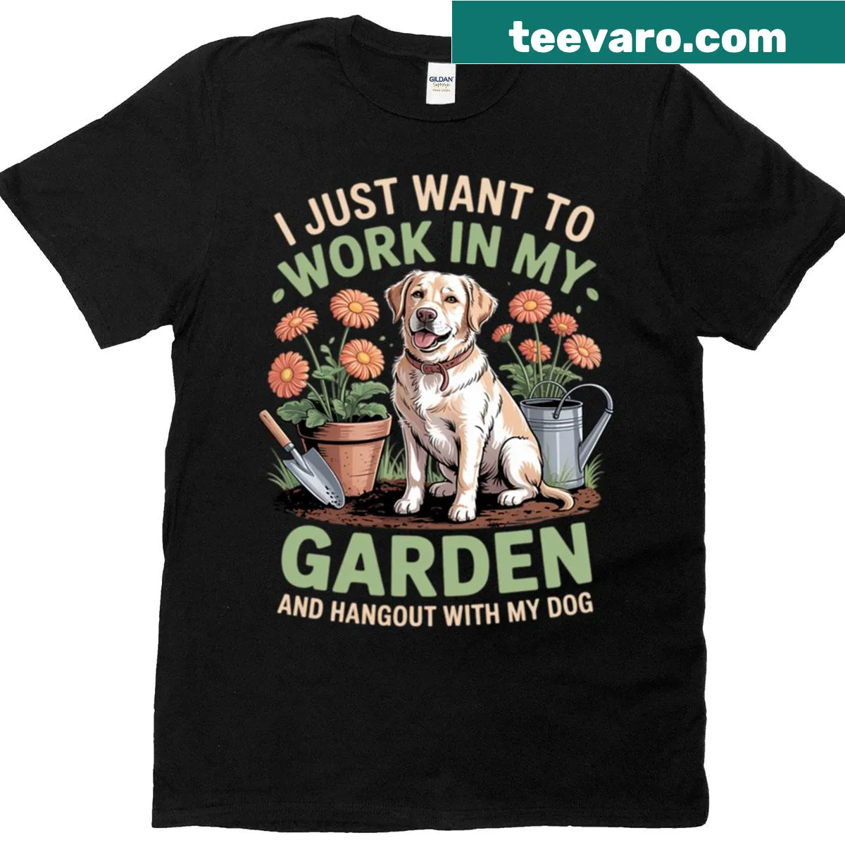 Whimsical T-shirt depicting gardening and dog themes. — on a men's t-shirt