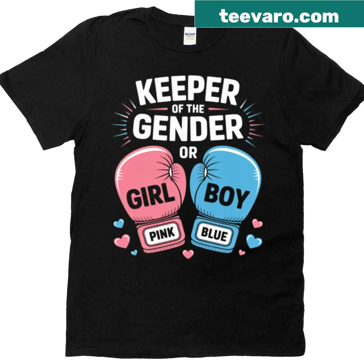 Humorous boxing gloves graphic on gender reveal t-shirt — on a men's t-shirt