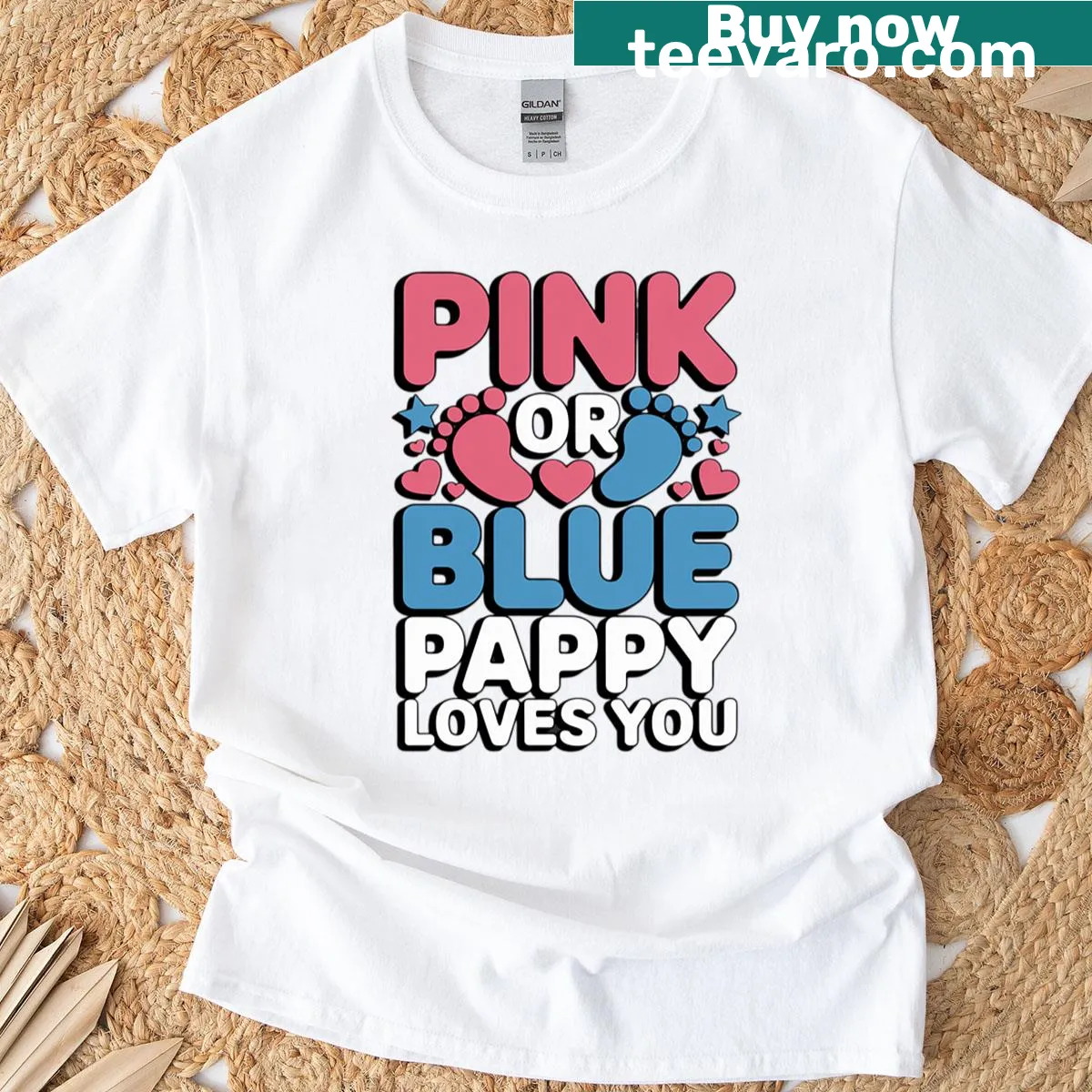 Gender reveal t-shirt with pink and blue graphics saying Pappy Loves You — on a men's t-shirt