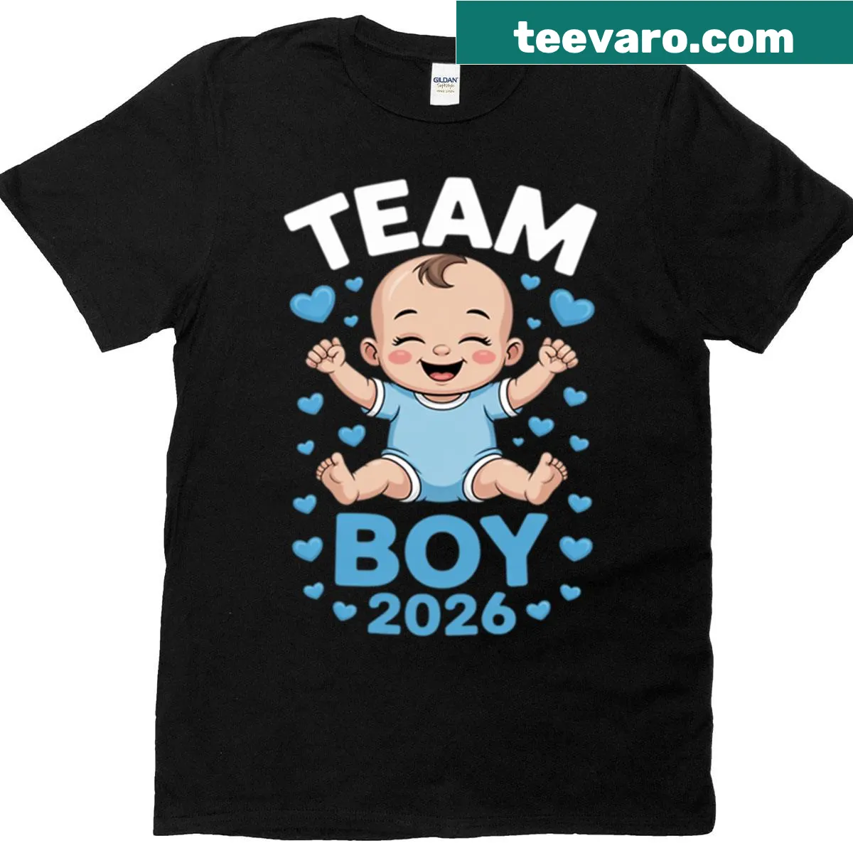Gender reveal shirt with playful graphics for a baby boy in 2026 — on a men's t-shirt