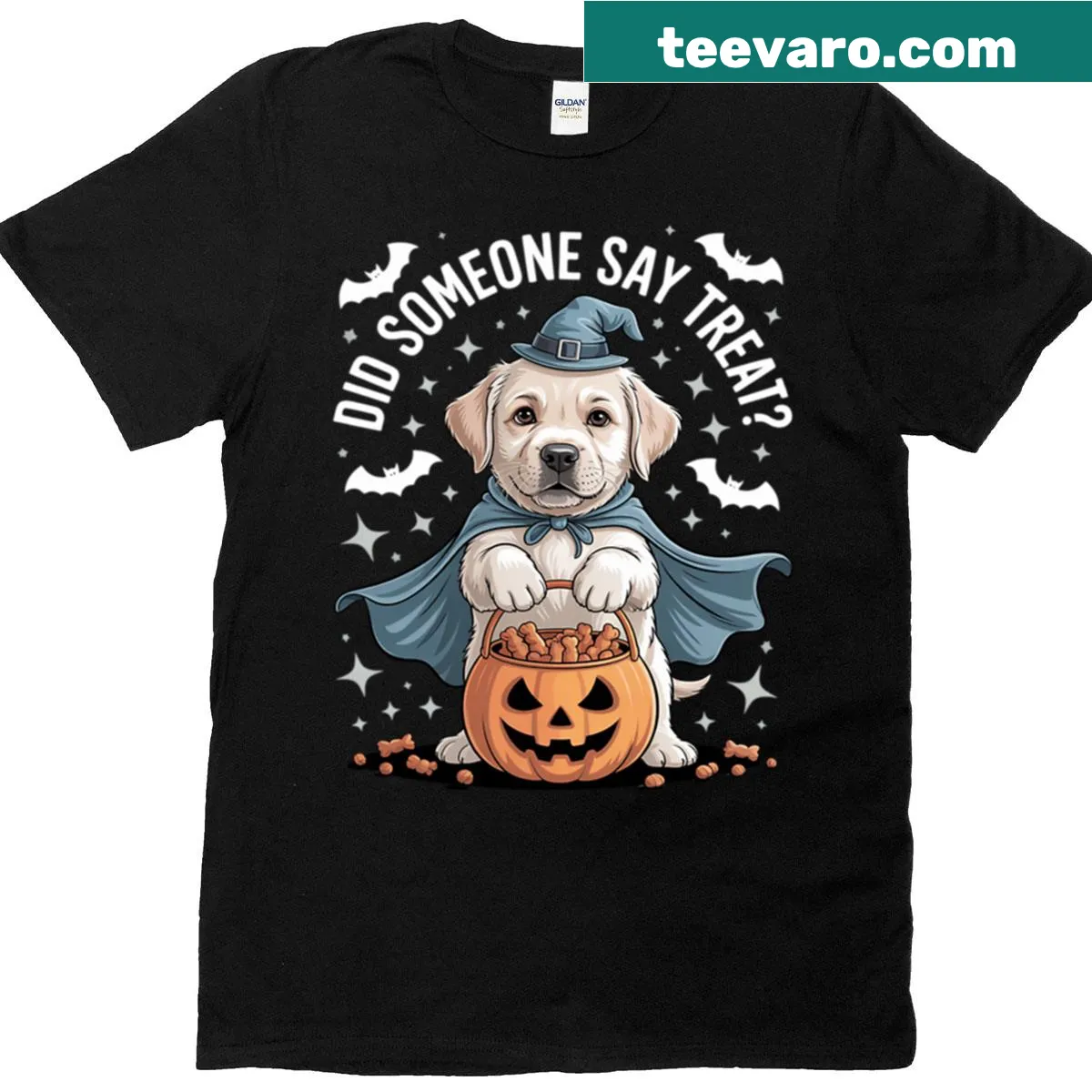 Cute ghost Labrador puppy design with treats on a Halloween T-shirt — on a men's t-shirt