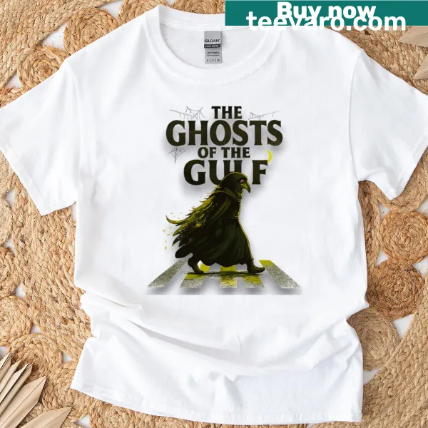 Eerie graphic of a ghost on Gulf-themed t-shirt