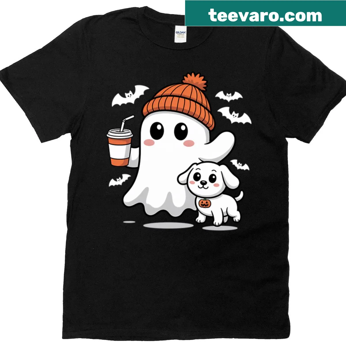 Ghostly dog illustration on a Halloween-themed T-shirt — on a men's t-shirt