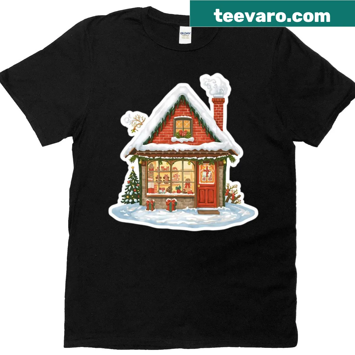 T-shirt with a whimsical gingerbread house design — on a men's t-shirt